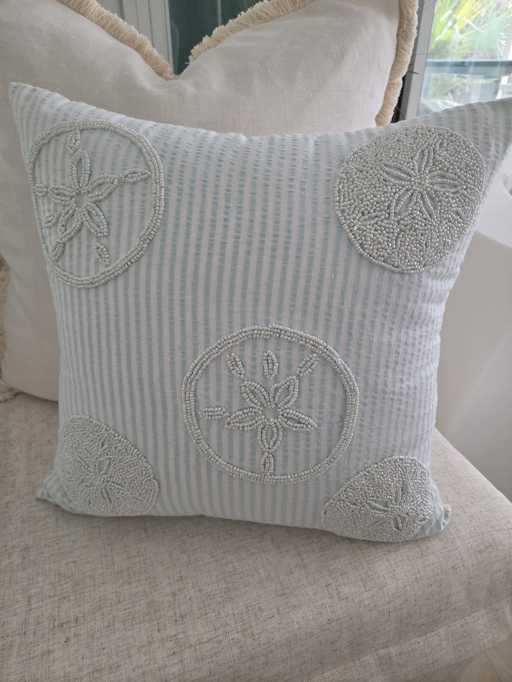 Mud Pie Light Blue Striped Beaded Sand Dollar Pillow